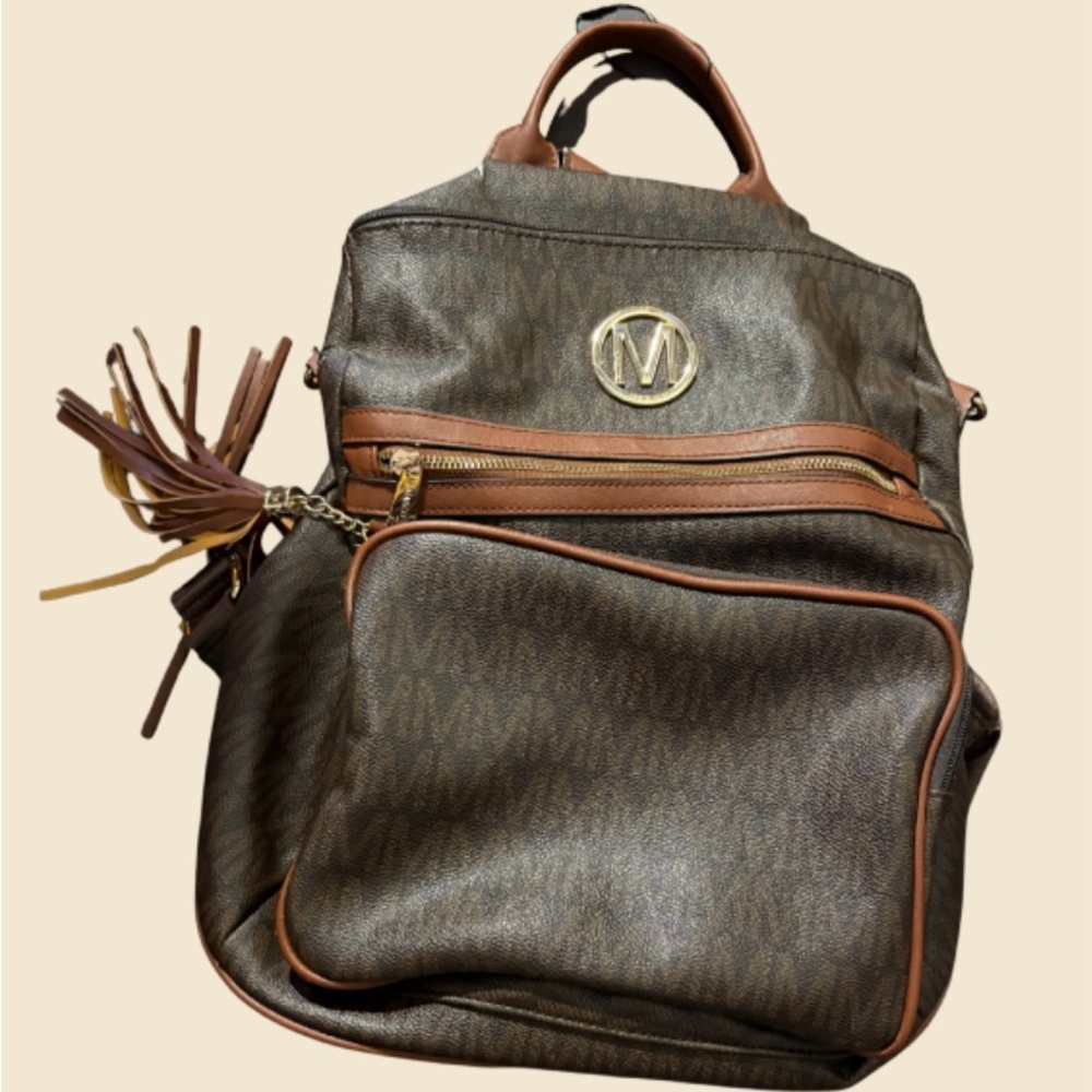 Marco M Brown Monogram Backpack Faux Leather Gold Hardware Tassel Accents